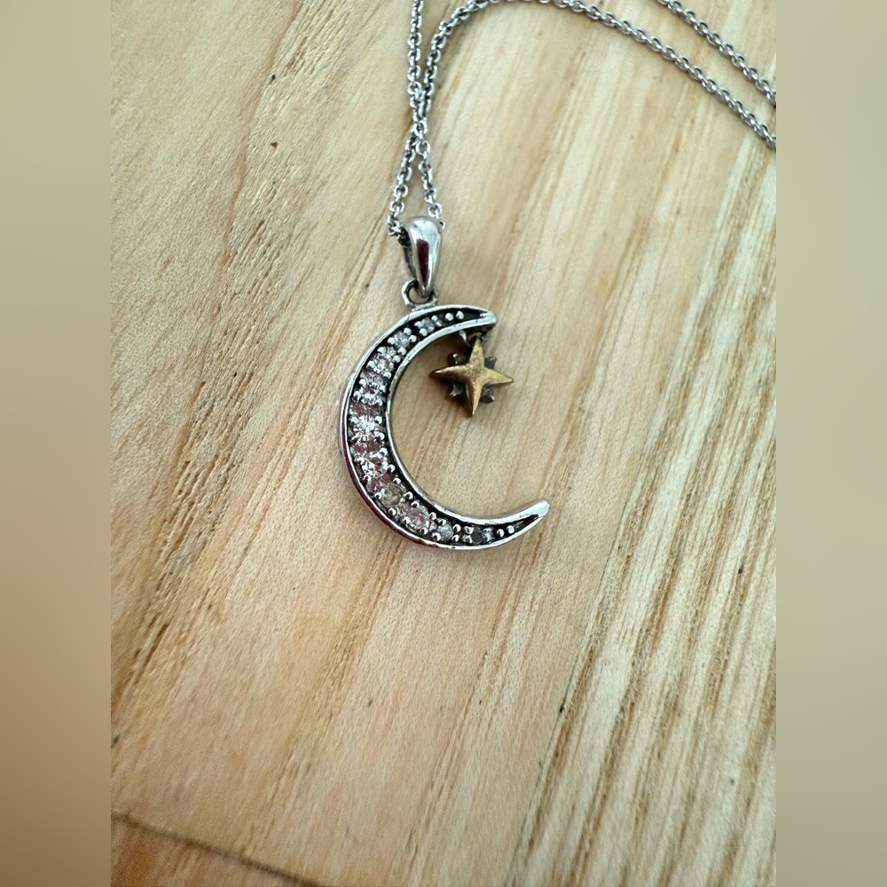 Diamond Crescent Moon Star Pendant Necklace Sterling Silver 20" Cable Chain
